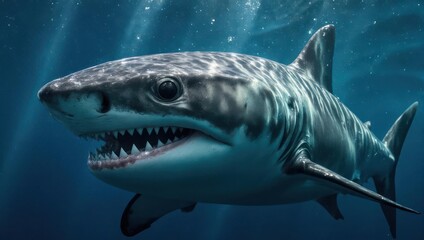 Fototapeta premium Great White Shark Portrait - Underwater Predator with Sharp Teeth.
