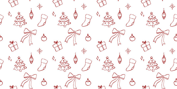Seamless Christmas pattern with red doodles of bows, gifts, trees, stockings, and ornaments on transparent background. Ideal for festive wrapping or holiday design