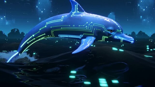 A blue digital dolphin with glowing circuit patterns leaping from dark water with futuristic city lights in the background.