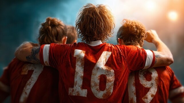 Triumphant athletes in vibrant red jerseys embrace, celebrating a hard-won victory with powerful camaraderie and immense team spirit under dramatic lighting.