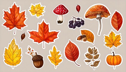 Autumn Sticker Set - Vibrant Leaves, Mushrooms, and Berries.