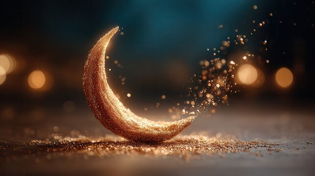 Golden crescent moon shimmering with scattered glitter and soft bokeh lights evokes magic and celebration