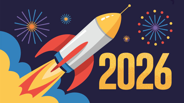 Rocket launching into the night sky with vibrant fireworks, celebrating the arrival of 2026, new year, success, progress, and future.