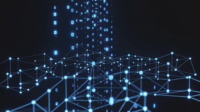 Abstract 3D grid of glowing blue digital squares and particles in a dark space technology futuristic.