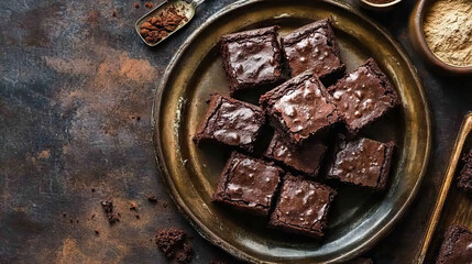 Delicious chocolate brownies served on a rustic platter, inviting dessert with copy space for National Brownie Day, National Brownies at Brunch Month