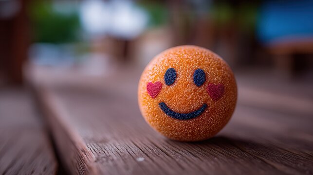 Whimsical smiling face ball with heart cheeks rests on rustic wooden planks, bringing joy and lightheartedness to any project.