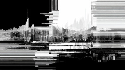Abstract pixelated city skyline data error monochrome graphic background.