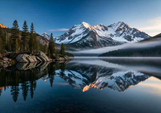 A picturesque landscape featuring a pristine mountain lake reflecting snow-dusted peaks and a clear blue sky, creating a perfect mirror image at sunrise with morning mist