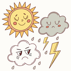 Weather emotions a sunny day, a sad cloud, and an angry storm cloud express a range of feelings in this cute illustration