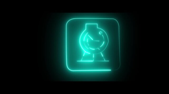 blue neon glowing round and square watch for table and wall. Desktop classic timepieces collection.