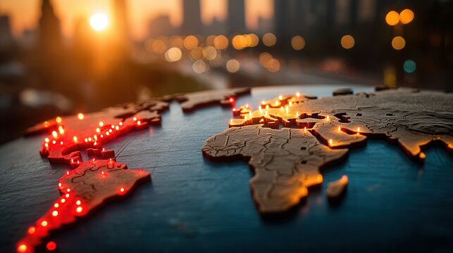 Glowing world map with city lights at sunset evokes global connection and vibrant energy for business and travel concepts.