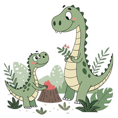A cute cartoon dinosaur family with a baby dinosaur giving flowers to the parent dinosaur vector illustration for kids