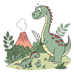 Adorable cartoon dinosaur family, featuring a mother, baby, and egg near a volcano, perfect for childrens illustrations