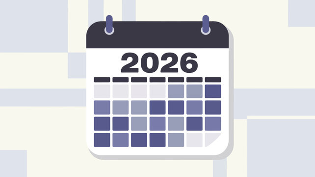 Modern minimal flat design icon of a calendar displaying the year 2026, ideal for future planning, scheduling, and important dates.