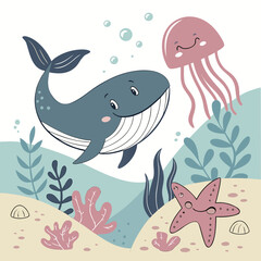 A cute cartoon whale swimming near a pink jellyfish and starfish on the ocean floor, surrounded by plants and bubbles, creating a whimsical underwater scene
