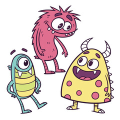 Three adorable monsters, each with unique features and colors, are posing together, creating a whimsical scene