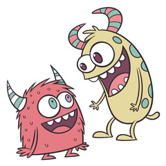 Two cute cartoon monsters are laughing together, they have horns, spots, and big eyes they look very happy and friendly