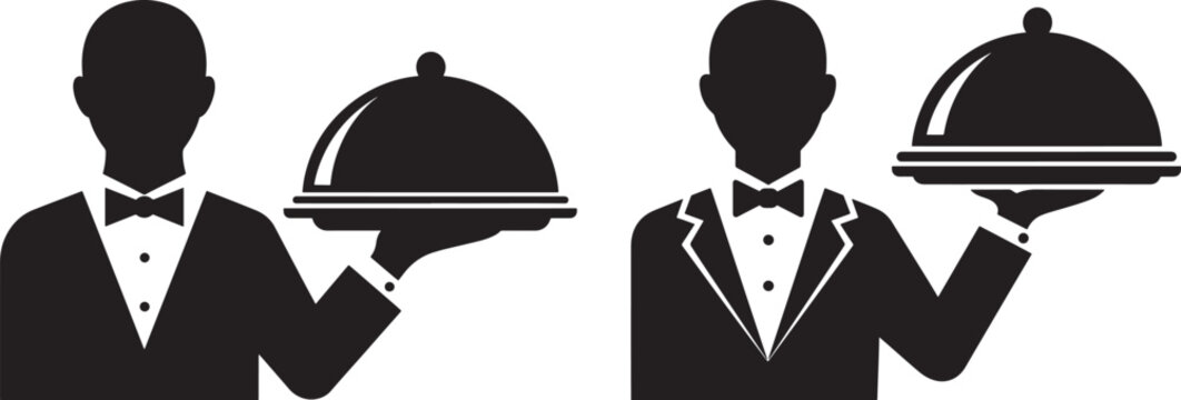 Two waiters holding serving trays silhouette