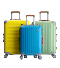Three colorful suitcases on a plain background isolated on a transparent background