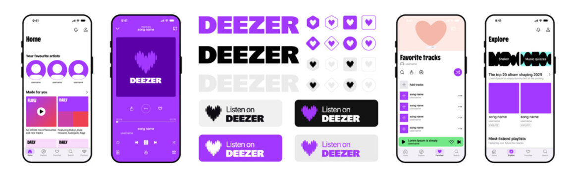 Deezer app interface and branding, Deezer mobile music streaming UI with home, explore, and favorites screens