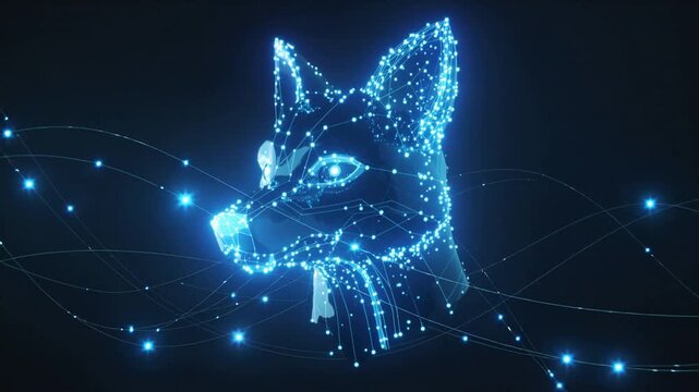 Abstract digital fox head made of glowing blue lines and dots with flowing data streams technology futuristic.