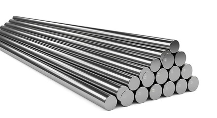 A neatly stacked pyramid of shiny, metallic cylindrical rods on a clean white background. 