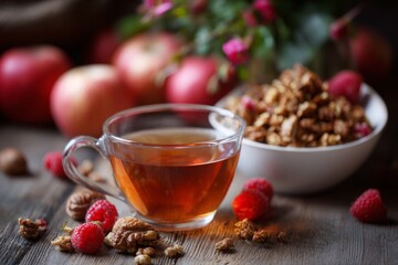 Warm cup of tea sits with healthy granola, fresh apples, red raspberries, walnuts on rustic wooden surface.