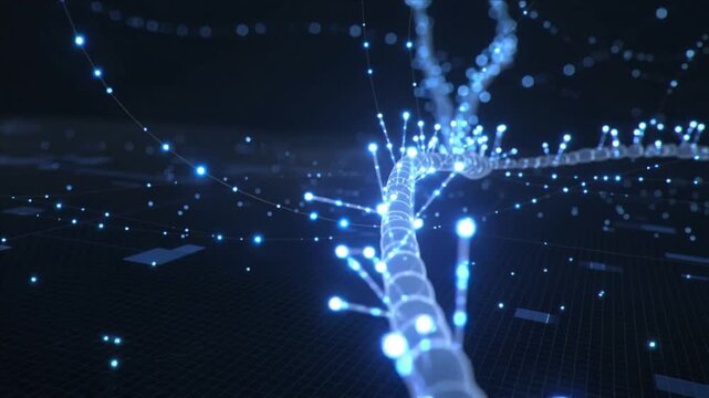 Abstract Glowing Blue DNA Helix with Digital Network and Particles.