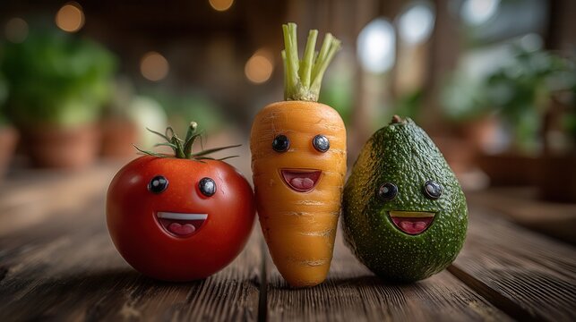 Joyful tomato, carrot, and avocado characters smiling together on rustic wooden table, perfect for healthy eating campaigns