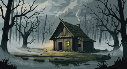 Enchanting rustic cabin nestled in a misty forest landscape at twilight, perfect for fantasy stories, horror novels, or magical realism book covers