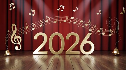 Golden 2026 numbers on a stage with musical notes new year
