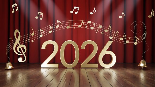 Golden 2026 numbers on a stage with musical notes new year