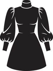 Fashionable black dress silhouette with high neck and puffed sleeves vector design. Vector