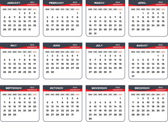 2026 calendar template, modern red wave header, clean minimalist design, flat vector illustration