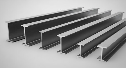 A staggered arrangement of multiple steel I-beams, showcasing their robust structural profile on a clean, light grey background.