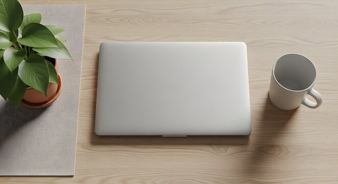 Laptop and coffee mug on desk with green plant overhead view - Powered by Adobe