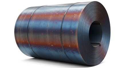 Large Industrial Roll of Hot-Rolled Steel Coil, Showing Characteristic Dark Blue and Orange Heat Tints from the Manufacturing Process, Resting on a White Background.