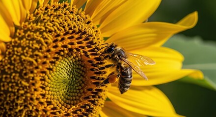 A close-up of a bee collecting pollen from a vibrant yellow sunflower, showcasing the beauty and detail of nature in bright sunlight.