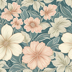 Obraz premium Seamless floral fabric texture, stylized flowers and leaves, soft vintage print style