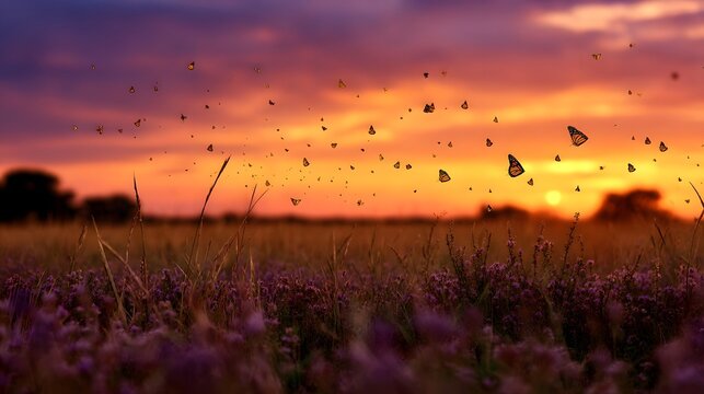 A vibrant sunset illuminates a field of flowers filled with fluttering monarch butterflies in flight