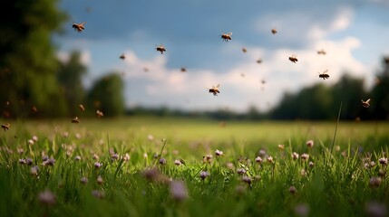 Fototapeta premium A swarm of bees flies over a green meadow filled with wildflowers under a cloudy blue sky