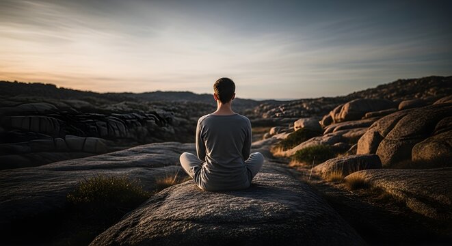 Person meditating outdoors at sunset serene landscape and contemplation