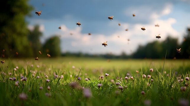 A swarm of bees flies over a green meadow filled with wildflowers under a cloudy blue sky