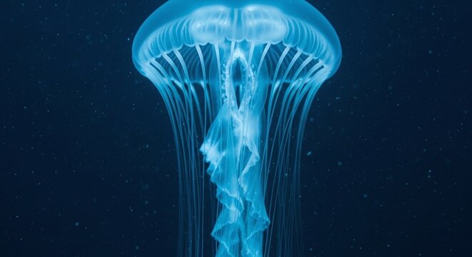 A glowing jellyfish drifts gracefully through dark ocean waters, its translucent body and long tentacles illuminated in a soft blue light.
