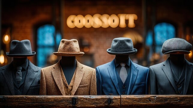 Four stylish mannequins showcase vintage suits and fedoras in a dimly lit, atmospheric boutique, evoking timeless elegance and masculine fashion.