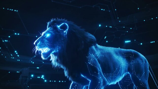 Digital Blue Lion Roaring with Electric Blue Circuitry and Lightning Effects technology futuristic.