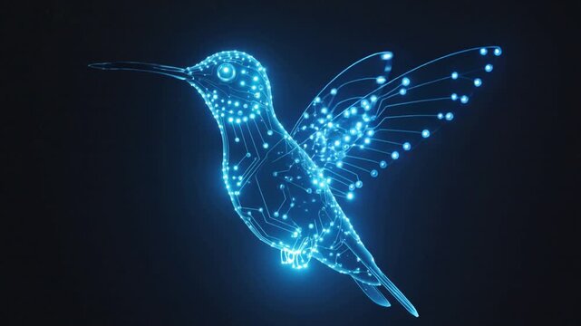 Digital Blue Hummingbird Formed by Circuitry and Glowing Lights on Black Background technology futuristic.