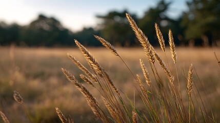 Fototapeta premium Tall grass stalks sway gently in the warm glow of the setting sun over a serene open field