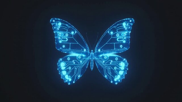 Digital Butterfly with Circuit Board Wings Glowing Blue on Dark Background.