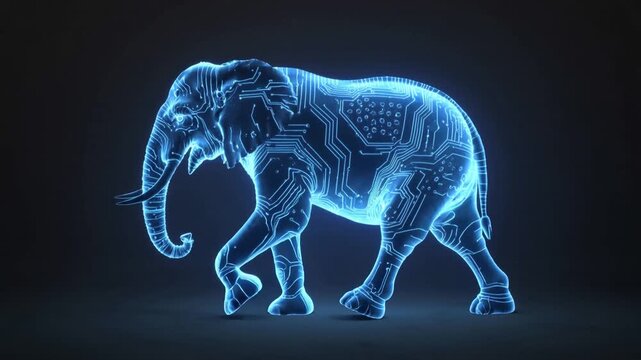 Digital Elephant Outline with Glowing Blue Circuit Board Patterns on Dark Background animal futuristic.